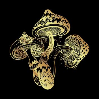 Magic mushrooms. Psychedelic hallucination. Gold vector illustration isolated on black. 60s hippie art.