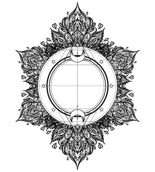 Ornate moon frame. Sacred Geometry. Ayurveda symbol of harmony and balance. Tattoo flesh design, yoga logo. Boho print, poster, t-shirt textile. Isolated vector illustration.