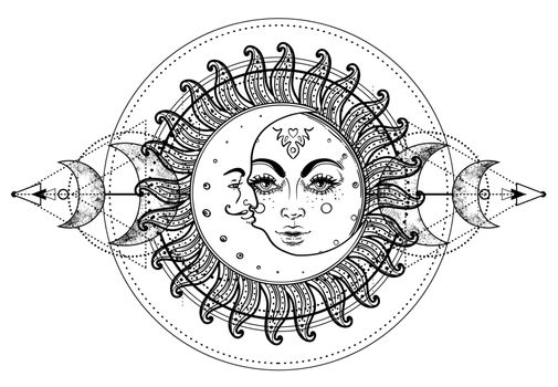 Sun and Triple moon pagan Wicca moon goddess symbol. Three faced Goddess, Maiden, Mother, Crone isolated vector illustration. Tattoo, astrology, alchemy, boho and magic symbo