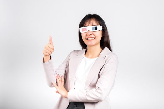 Smiling woman confidence wearing 3d cinema movie glasses