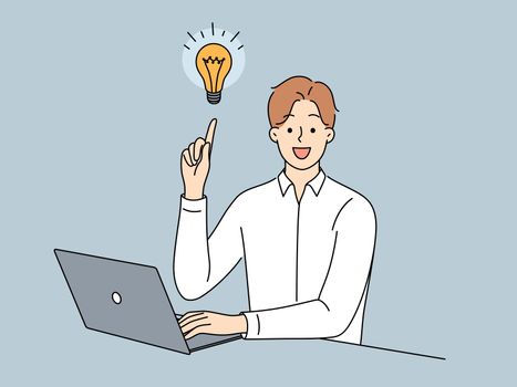 Smiling businessman sit on computer generate creative business idea. Happy male employee with lightbulb work on laptop brainstorm over problem solution. Vector illustration.