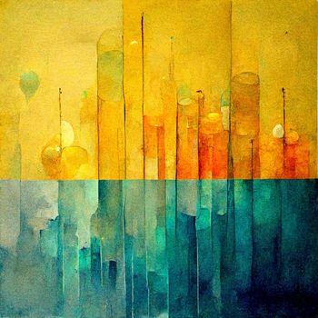 Abstract painting on yellow and blue watercolor painting background. 