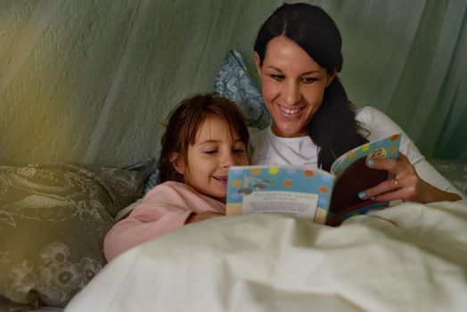 Shell have some magical dreams tonight. a mother reading her little girl a bedtime story.