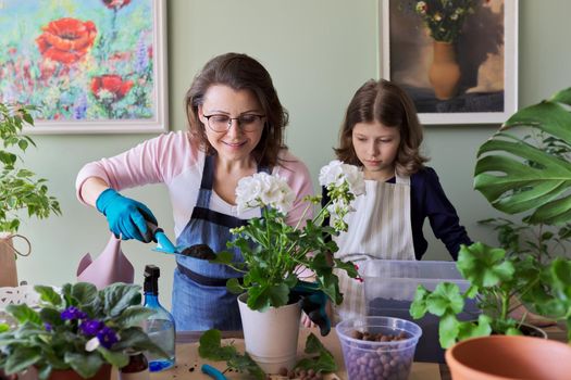 Mother and daughter child plant potted plants, flowers