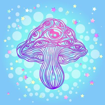 Magic mushrooms. Psychedelic hallucination. Vibrant vector illustration. 60s hippie colorful art. Decoration in ethnic boho style tattoo.