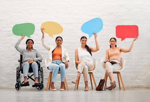 Social media, copy space and sign with a team of business women sitting in line and holding speech bubble for text or talking. Portrait of females advertising and marketing with blank and empty board
