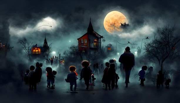 kids playing on night halloween street, neural network generated image.
