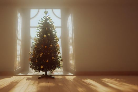 decorated christmas tree in front of tall window inside domestic room, neural network generated art