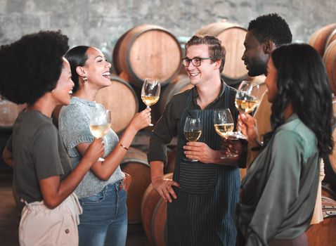 Group of friends wine tasting at a distillery or cellar drinking glasses and enjoying the tour together. Happy, carefree and diverse people bonding and having fun at a winery estate