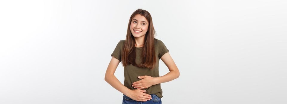 pregnant woman with her hands on her stomach, isolated against white background