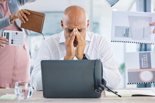 Stress, deadline and mental burnout with anxious, worried and frustrated business man in office. Overworked, annoyed and tired worker with headache, pressure and trouble for demands in busy workplace