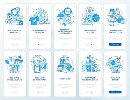 Achieve zero waste goals blue onboarding mobile app screen set