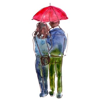 Hand drawn watercolor illustration: couple man and woman walking under an umbrella. View from the back.