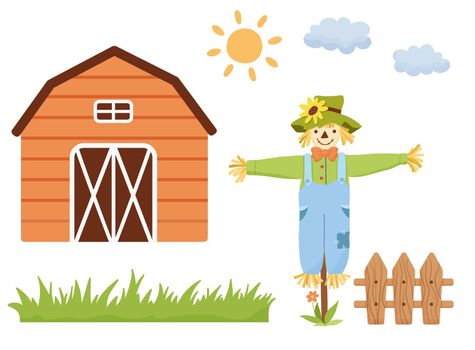 Smiling cute scarecrow character, farmhouse and fence in cartoon style. Set of Vector cute illustrations isolated on white