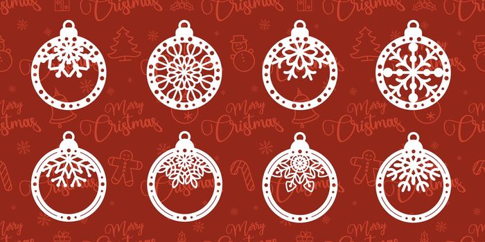 Set of laser cut templates of Merry Christmas balls with snowflakes for the Christmas tree. X-mas symbol for New Year decorations, paper and wood cutting, printing. Vector illustration.