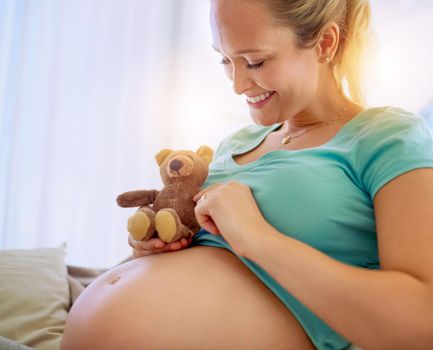 Teddy and I are excited to meet you, little one. a pregnant woman holding a teddy bear while relaxing at home.