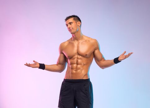 Man athlete isolated on pink background. Gym full body workout. Muscular man athlete in fitness gym have havy workout. Sports trainer on trainging. Fitness motivation.