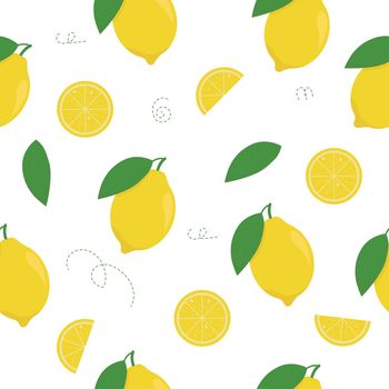 Lemon seamless vector pattern. Lemon wedges with leaves