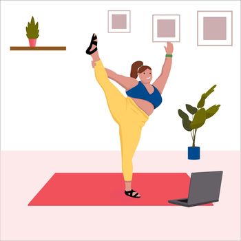 Plus size woman doing yoga. Online yoga. Flat vector illustration
