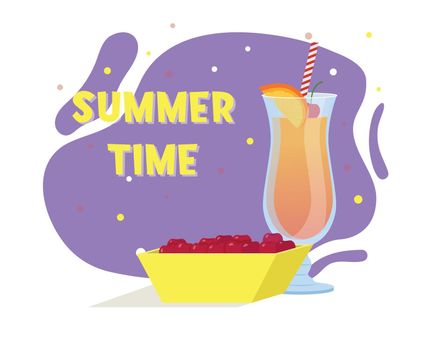 Tequila Sunrise cocktail. Summer drink. Plate with cherries. Flat vector illustration