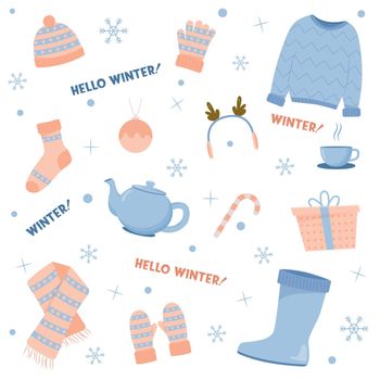 Beautiful winter clothing set, great design for any purposes. Flat vector illustration