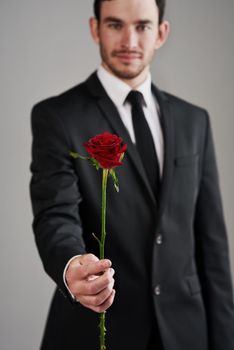 This rose is for you. Studio shot of a well-dressed man holding a red rose against a gray background.
