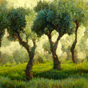 Olive plantation with old olive trees in Italy.