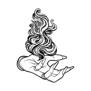 Hand of witch with fire. Mystic character. Alchemy, religion, spirituality, occultism, tattoo art. Isolated vector illustration. Halloween concept