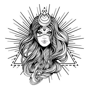 Young beautiful witch. Mystic character. Alchemy, spirituality, occultism, tattoo art. Isolated black and white vector illustration. Wiccan woman.