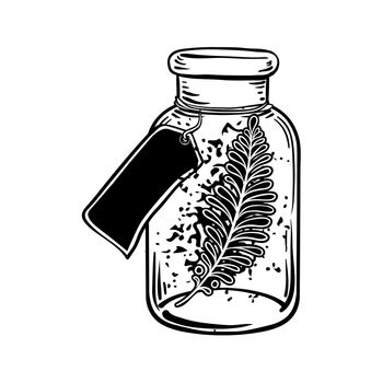 Blackwork tattoo flash. Plant with leaves inside bottle. Highly detailed vector illustration isolated on white. Tattoo design, mystic symbol. New school dotwork.