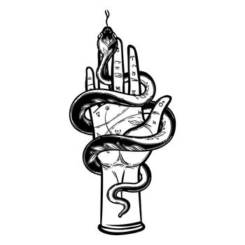 Magic hand and snake. Fortune telling concept. Spiritual Palmistry symbol logo and temporary tattoo. Esoteric mystical black silhouette serpent. Vector outline illustration.