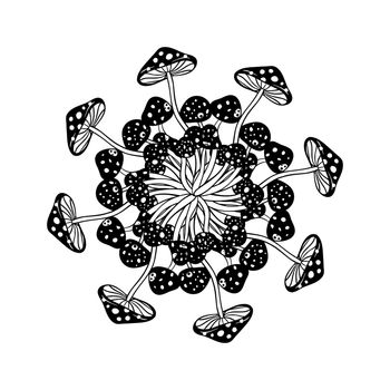 Magic mushrooms mandala. Psychedelic hallucination. Black and white trippy vector illustration. 60s hippie art. Hand drawn design in ethnic Indian style.
