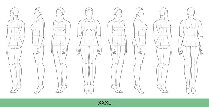 Set of XXXL Women Fashion template 9 nine head size Croquis over size Lady model Curvy body figure front, side, 3-4