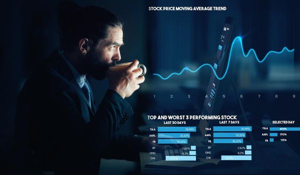 Businessman drink coffee with hologram stock market data analytics to trade in future tech business economy. Futuristic technology company investment trader invest or trading with corporate finance.
