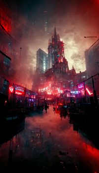 the city of dystopian metropolis illustration. Red Neon Lights