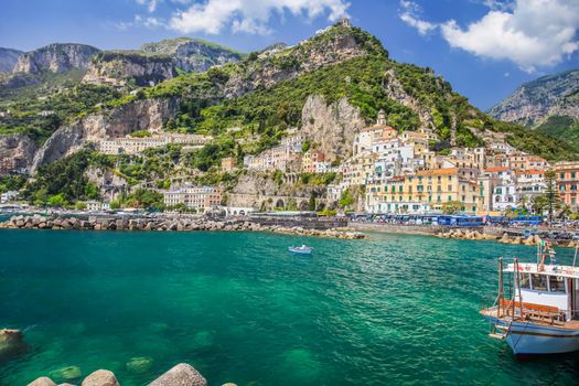 Amalfi cityscape bay at sunny day, Amalfi coast of Italy, Southern Europe