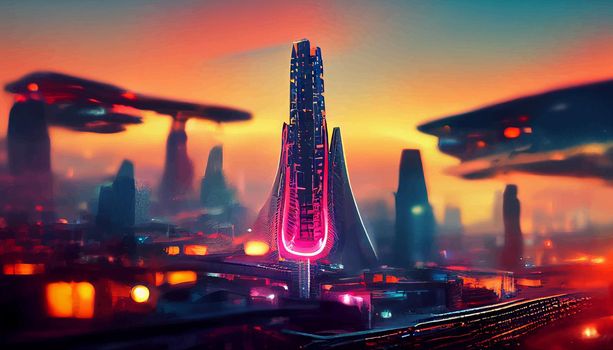 Spaceship up to Futuristic City neon ligths Fractal architecture illustration.