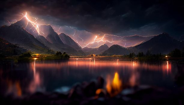beautiful landscape with a lake surrounded with mountains illustration