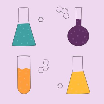 Chemistry. Multicolored chemical flasks. Flat vector illustration
