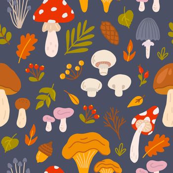 Different mushrooms with leaves and berries on dark background, vector seamless pattern