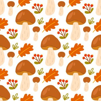 Porcini mushrooms with leaves and berries on white background, vector seamless pattern