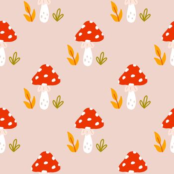 Cute fly agaric in flat style, vector seamless pattern