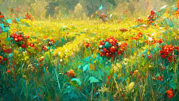 Flower painting. Wildflowers white daisies, red poppies and yellow beautiful flowers in grass on field.