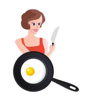 Smiling Woman with Knife end Scrambled Eggs