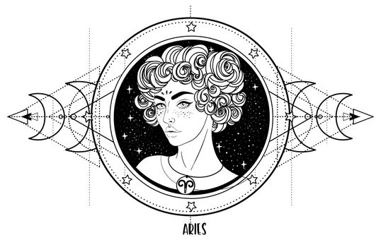 Illustration of Aries astrology sign as a beautiful girl over sacred geometry frame. Zodiac vector drawing isolated in black and white. Future telling, horoscope, spirituality.