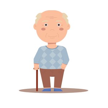 Grandfather in a sweater and trousers stands with a stick