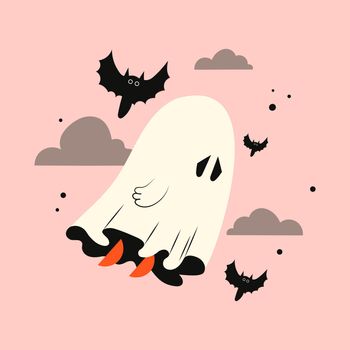 Halloween ghost in the clouds with a bat. Kawaii phantom in white clothes is flying.