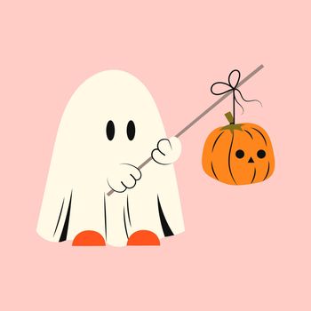 Halloween ghost with pumpkin. Kawaii phantom in white clothes and stick. Kawaii monster mystical drawing concept. Flat vector illustration isolated with pumpkins and holiday elements.