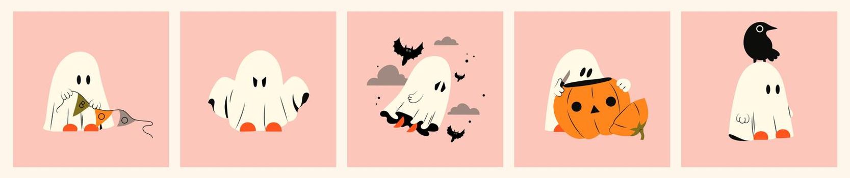 Set ghost emotional expression. Halloween phantom ghost with different character. Concept of mystical drawings for decoration. Flat vector illustration isolated on pink background.