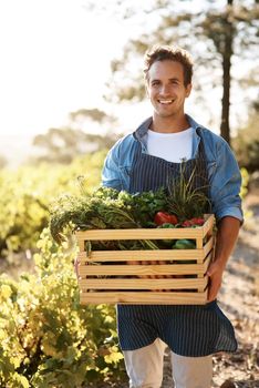 Stop talking and start farming. a young man holding a crate full of freshly picked produce on a farm.